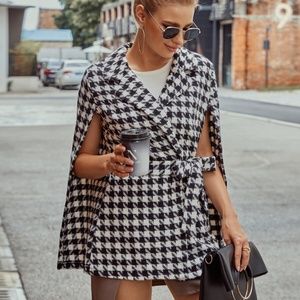 Houndstooth Pattern Belted Tweed glam Cape Jacket Coat